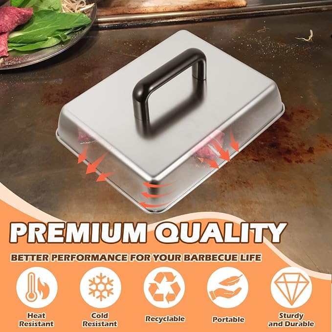 12 x 9 Inch Rectangular Basting Cover and Grill Press Kit for Blackstone Accessories, Universal BBQ Melting Dome Steaming Lid & Smash Burger Press for Flat Top Teppanyaki, Dishwasher Safe