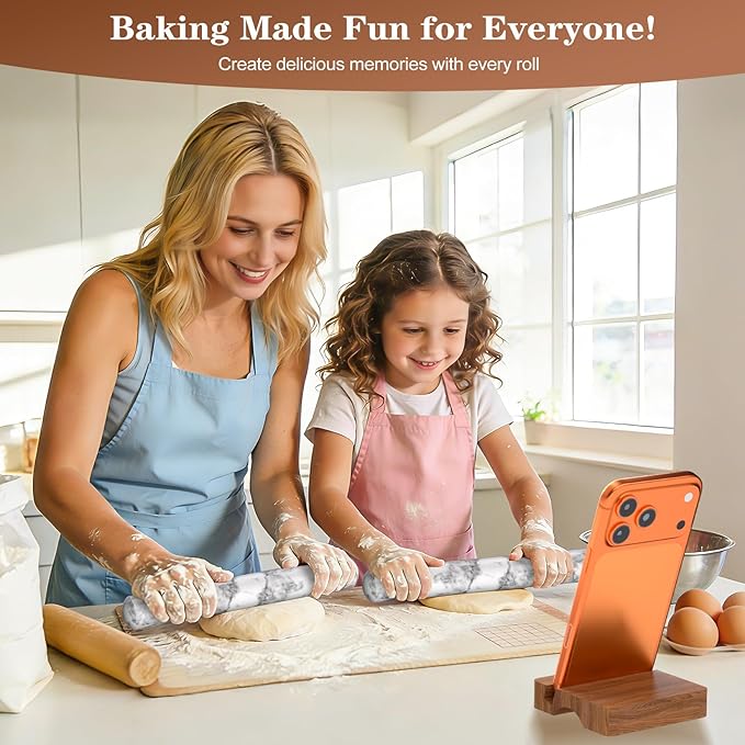 Marble Rolling Pin with Wooden Stand, FiiMan 12 Inch Heavy Rolling Pin for Dough, Stone French Polished Non-Stick Roller Pins For Baking Cookie Pizza Pastry (White)