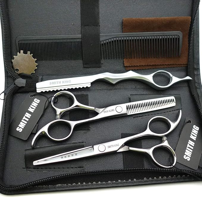 5.5 Inches Hair Cutting Scissors Set with Razor Combs Lether Scissors Case,Hair Cutting Shears Hair Thinning Shears for Personal and Professional (Silver)