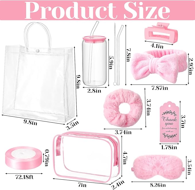 48 Pcs/6 Sets Baby Shower Prizes Winners Include Glass Cans Spa Headband Plush Sleep Eye Mask Hair Claw Clips Clear Cosmetic Bags Baby Shower Player Winner Gifts Bridal Game Gifts(Pink)