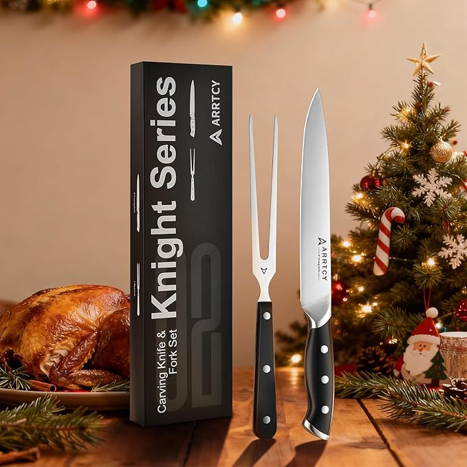 Carving Knife Set - Arrtcy 2 PCS Carving Knife and Fork for Turkey, BBQ - Razor Sharp German Stainless Steel Carving Set with Ergonomic Handle - Full Tang For Meat, Brisket