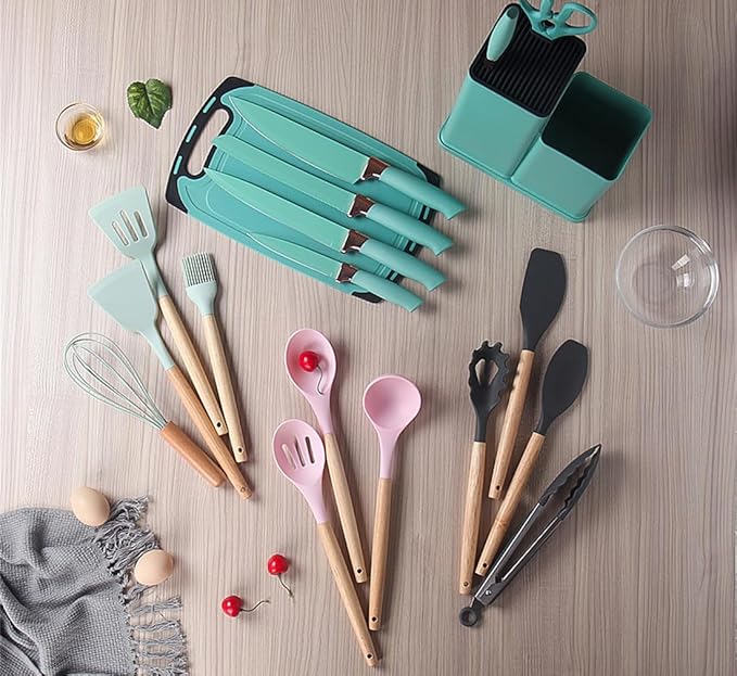19 Pcs Kitchen Cooking Utensils and Knife Set with Block, with 11 Piece Silicone Cooking Utensils Set 5 Pcs Sharp Stainless Steel Chef Knives Scissors Whisk Tongs and Cutting Board (Cherry Pink)