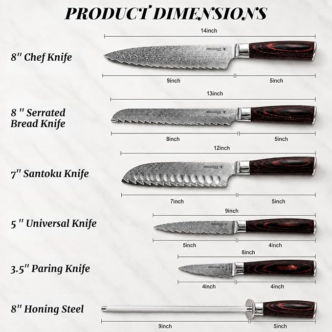6 Piece Japanese Damascus Knife Set, Professional Chef Knife Set with VG10 Steel Core, Ultra Sharp 67-Layer Kitchen Knives, Pakkawood Handle Gift Box