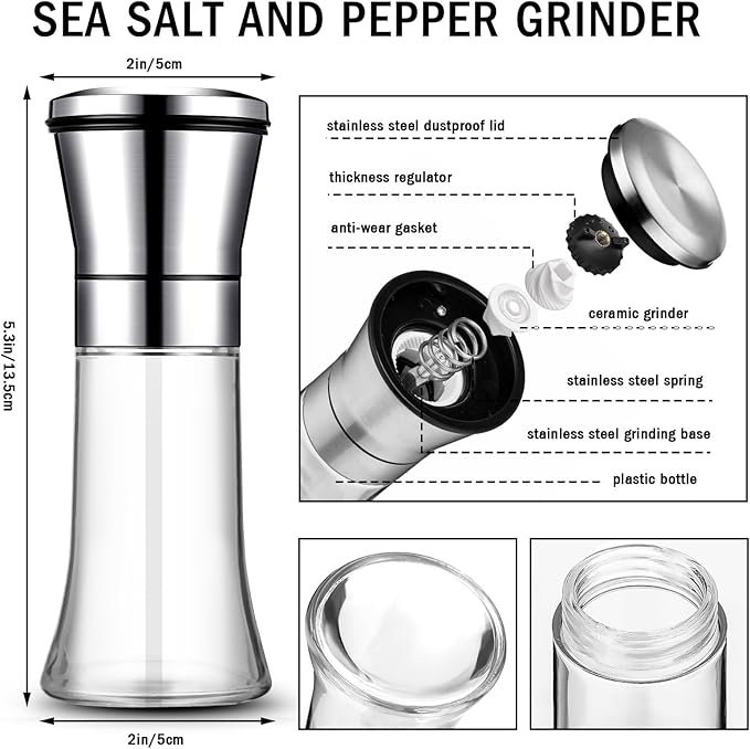 Nuenen 12 Pcs Salt and Pepper Grinder Set 3.5 oz Stainless Steel Manual Mills for Whole Peppercorns Rock Salt Plastics Professional Grinder, Adjustable Coarseness,lightweight and Not Fragile