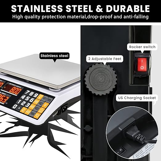 Price Computing Scale 66lb/30kg Commercial Food Scale, lb/kg/oz Conversion with Price Calculator, Counting, Dual LED Display, Flat Reversed Platter, Produce Scale for Farmer Market Retail Meat Shops