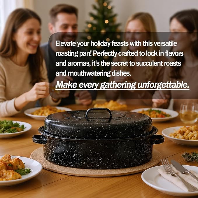 Turkey Roasting Pan With Lid 18in Roaster Pan Enamel Carbon Steel Roaster Pot with 16in Inner Diameter,18 Pound Large Capacity High Temperature Resistance Oval Cookware