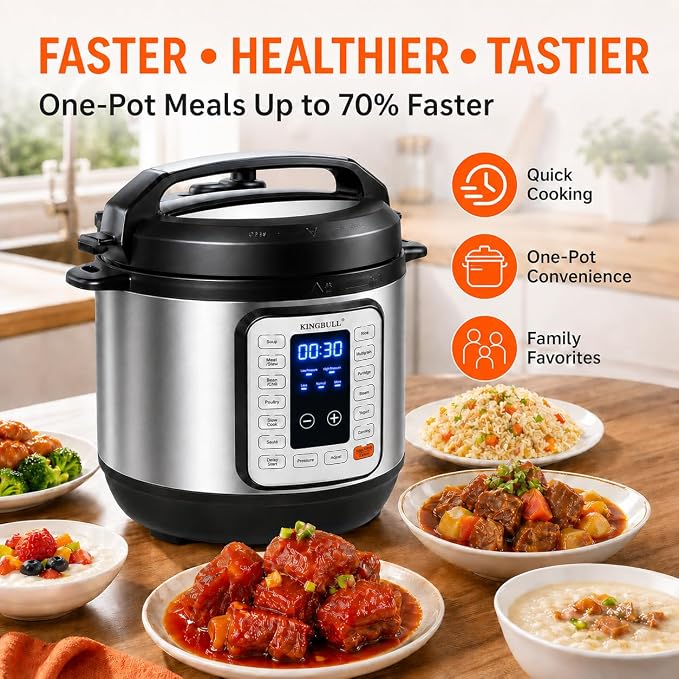 KINGBULL 8QT Electric Pressure Cooker, 12-in-1 Stainless Steel Multi Cooker with Nonstick Inner Pot, Slow Cooker, Rice Cooker, Steamer, Sauté, Yogurt Maker, Warmer, Delay Start