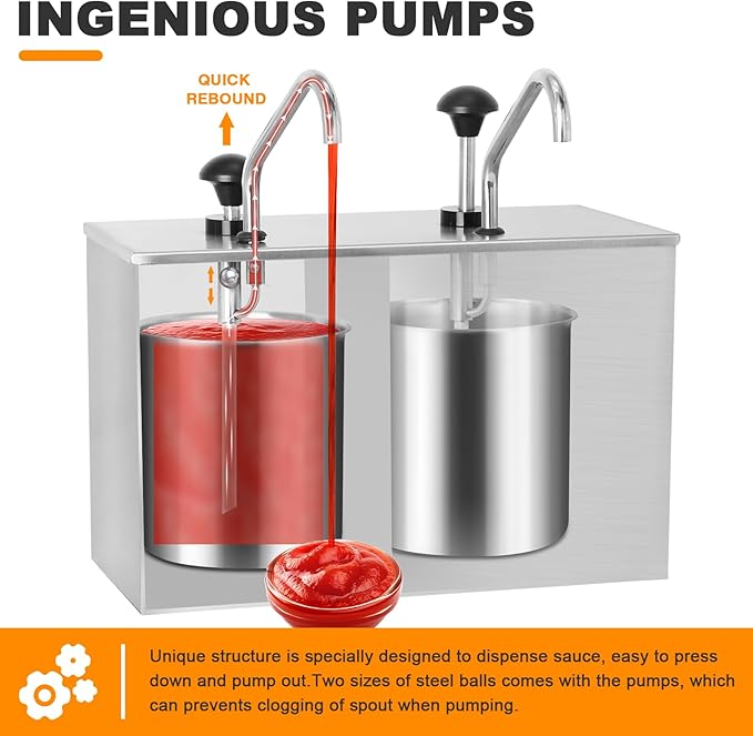 Commercial Sauce Dispenser Pump Stainless Steel Condiment Pump Station 7.4Quart Pump Dispenser Container for Ketchup Dressing Syrup Jam BBQ Sauce