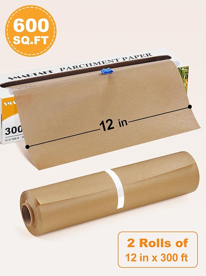 SMARTAKE Parchment Paper Roll for Baking, 2-Pack of 12 in x 300 ft, 600 sq.ft, Non-Stick Baking Paper Sheets with Slide Cutter, Heavy Duty Extra Long, for Kitchen Baking Cooking Grilling, Unbleached