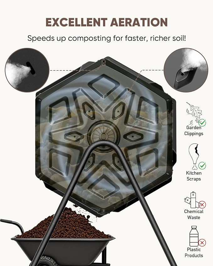 THE Growing 43 Gal Outdoor Compost Bin Tumbler for Backyard Garden, Black | Twin 21.5gal heat-absorbing chambers. Pre-embedded nuts for fast outdoor setup. Durable resin deters pests and bad odors.