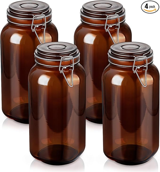 Norme 4 Pack 78oz Amber Airtight Glass Jars with Lids, Square Food Storage Container Airtight Food Wire Clip Fastening for Sauerkraut Flour Kitchen Sugar Cereal Kitchen Canning Pickling Mason Jars
