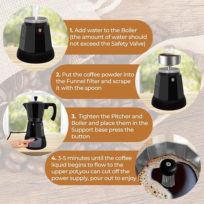 Electric Aluminum Moka Pot 3-6 Cup 150-270ml Espresso Maker with Detachable Base Ideal Coffee Makers for Home MochaPot Italian and Cuban Café Coffeemaker Espressomaker CoffeePot Black