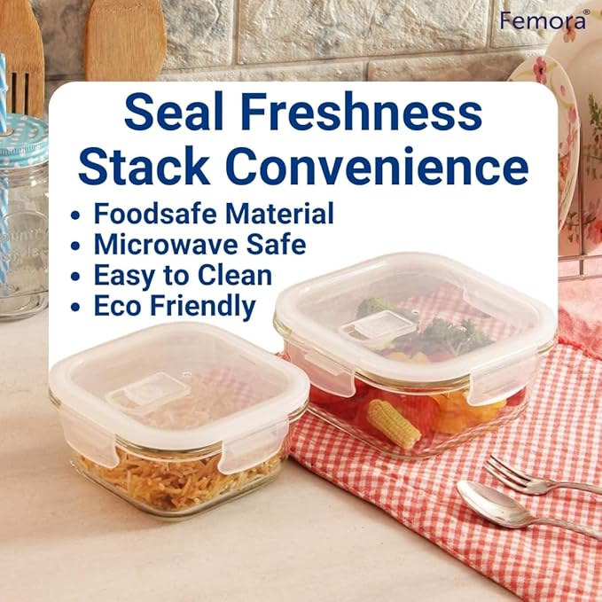 Femora Borosilicate Glass Microwave Safe Mini Square Container with Air Tight Air Vent Lid, 180ML, Set of 3, Clear