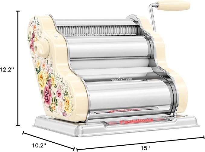 PASTALINDA Classic 200 Pasta Maker Machine, 20 cm Wide Rollers, 9 Thickness Positions, 2 Cutting Positions, Stainless Steel. Includes Reinforced Hand Crank And Two Clamps