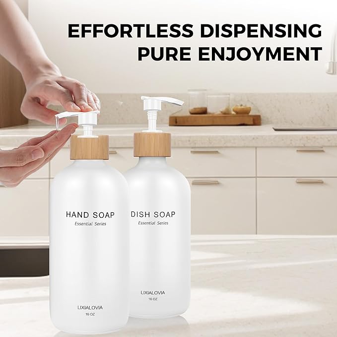 Dish and Hand Soap Dispenser Set with Tray, 16OZ Refillable Glass Bottles and Wood Pump, Double Bottle Countertop Organizer for Kitchen and Bathroom (White)
