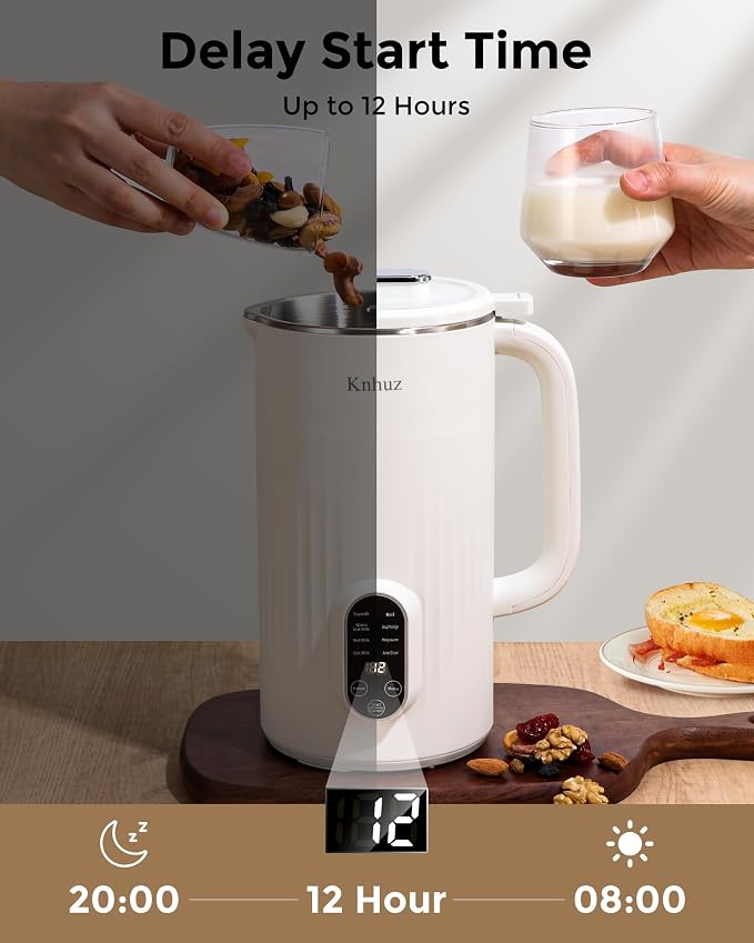 Kuhuz 32oz Automatic Nut Milk Maker Machine For Homemade Almond,Soybean,Oat,Coconut Plant Based & Non-Dairy Beverages,12H Time Delay/Self-Cleaning/Keep Warm,White