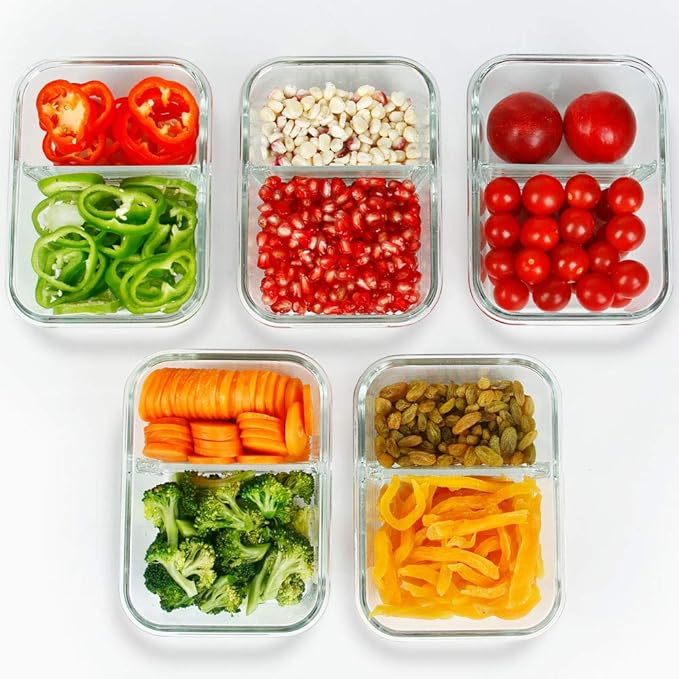 Meal Prep Containers - 2 Compartments with Glass Bowls with Lids, Food Storage Containers Dividers Airtight Lunch Containers, Bento Box for Oven Freezer, 10 Pack