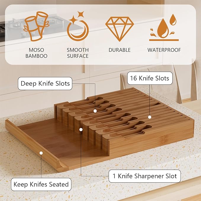 Domax Bamboo In-drawer Knife Block - Knife Drawer Organizer Insert Large Handle Steak Knife Holder, Kitchen Drawer Knife Organizer Fits for 16 knives and 1 Sharpening Steel (Not Included), Walnut
