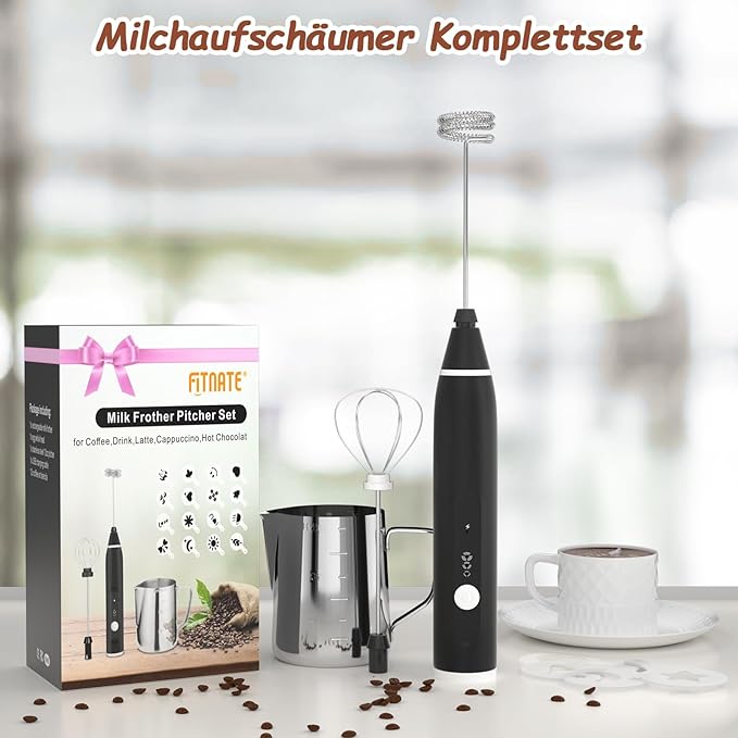FITNATE Rechargeable Electric Foam Maker Drink Mixer 3 Speeds with 2 Stainless Steel Whisks, Frother for Coffee, Hot Chocolate, Latte, Cappuccino, Includes Frother Cup