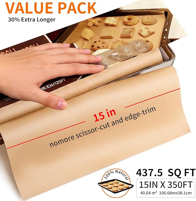 Unbleached 15x350 ft Parchment Paper Roll, 437 Sq.Ft, Non Stick Brown Extra Long Baking Paper Sheets with Serrated Cutter for Cooking, Baking, Grillin, Steaming Bread Cookies, Oven/Air Fryer/Microwave