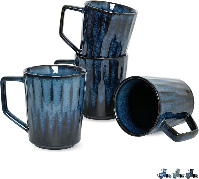 Bosmarlin Ceramic Coffee Mug Set of 4, 15 Oz, Coffee Cups with Big Handle, Microwave Safe, Unique Reactive Glaze (Grey Blue, 15 Oz)