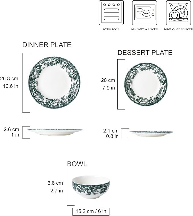 Montana 12-Piece Chip-Resistant Porcelain Dinnerware Set – Service for 4 | Reinforced Scratch-Shield Glaze | Large 25oz Deep Bowls | Elegant Green Floral Border | Dishwasher, Microwave, & Oven Safe