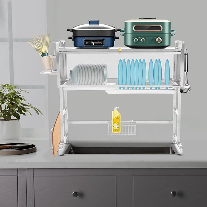 Over The Sink Dish Drying Rack 2 Tier Stainless Steel Dish Drainer Drying Rack 34.25" W Multifunctional Kitchen Organizers and Storage for Dishes, Glasses, Bowls, and Cutlery (Silver)