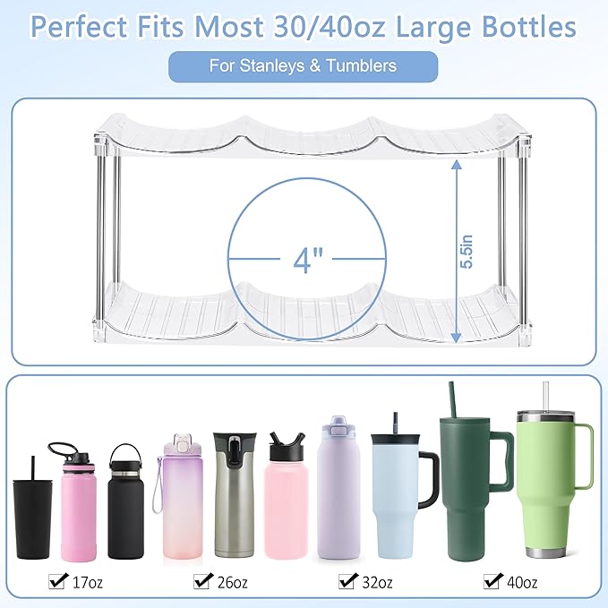 Stackable Water Bottle Organizer - Large Compartment Stanley Cup Holder, Water Bottle Holder for Stanley Tumbler 40oz, Tumbler Organizer Kitchen Pantry Organization and Storage, 4 Tier Storage Rack