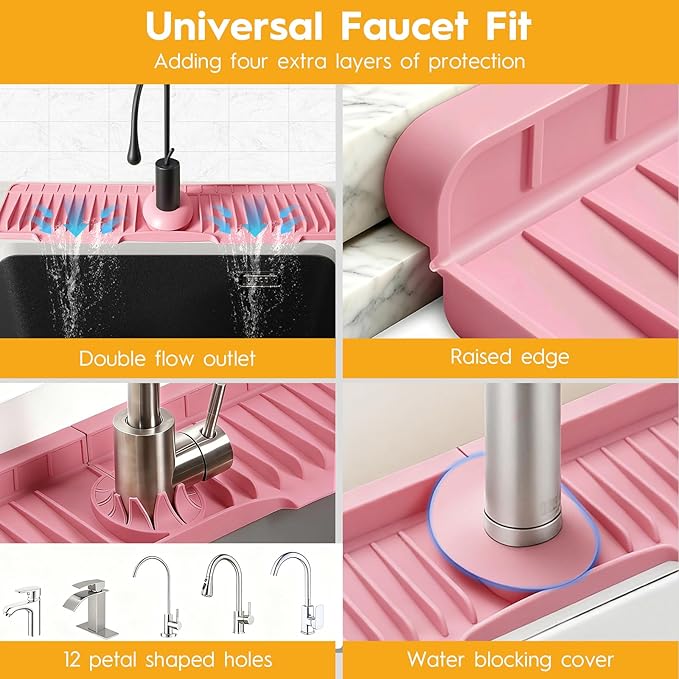 24" Silicone Faucet Mat for Kitchen Sink Released in 2026,8° Slope Fast Self-draining-Kitchen Sink Splash Guard,Bathroom Kitchen Sink Area Water Splash Guard Behind Faucet Draining Mat(Pink)