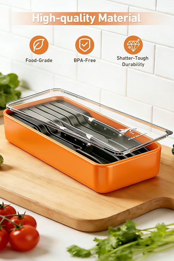 MAD SHARK 2-in-1 Detachable Knife Block & Silverware Organizer, Drawer Knife Holder for 7 Knives, BPA-Free, Blade-Safe Slots, Save Counter Space, Kitchen Drawer or Counter Storage, No Knives