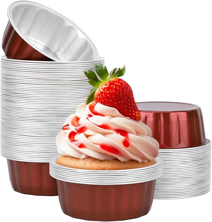 Beasea Aluminum Baking Cups, 100 Pack 8oz 235ml 3.9 Inch Wine Red Round Disposable Ramekins No Lids Foil Cups Cupcake Mini Baking Tins for Social Events Celebrations