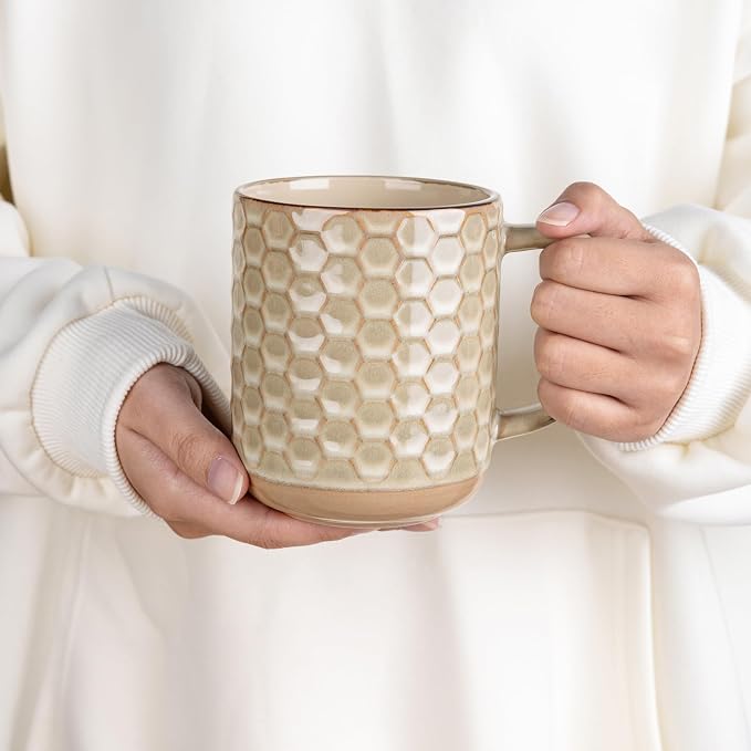 GBhome Large Coffee Mugs Set of 6, 16oz Handmade Stoneware Coffee Mugs Set with Large Handle for Cappuccino/Latte/Tea/Hot Cocoa, Dishwasher & Microwave Safe-Pale khaki