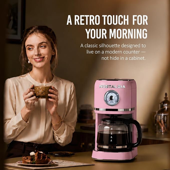 Nostalgia Classic Retro 10 Cup Coffee Maker - One-Touch Drip Brew, Reusable Filter - Anti-Drip, Auto Shutoff, & Time Display - Dishwasher Safe 50 oz Carafe - Pink