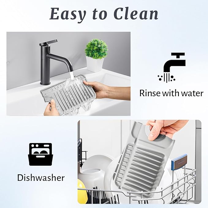PoYang 17.7 inch Faucet Mat for Kitchen Sink Splash Guard, 7° Slope Silicone Sink Water Splash Guard for Kitchen Sink Area with Snap, Long Sink Protectors for kitchen Sink Sponge Holder, Light Grey