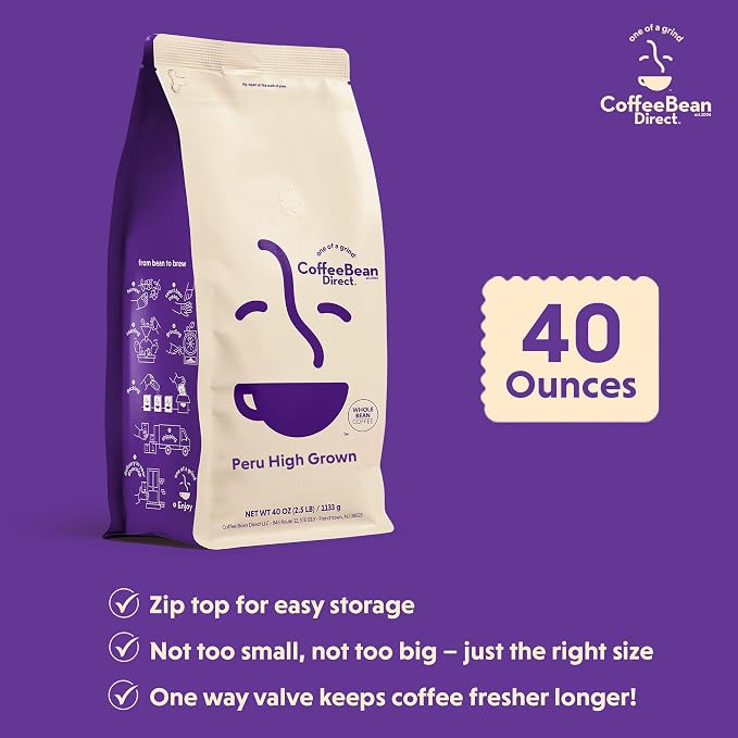 Coffee Bean Direct Peru High Grown, Whole Bean Coffee, Light Roast, 2.5 Pound Bag (Pack of 1)