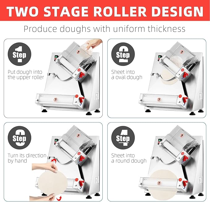 Commercial Pizza Dough Roller Sheeter, Max 12", Towallmark Automatic 370W Electric Pizza Dough Roller, Stainless Steel, Suitable for Noodle, Pizza Bread and Pasta Maker Equipment