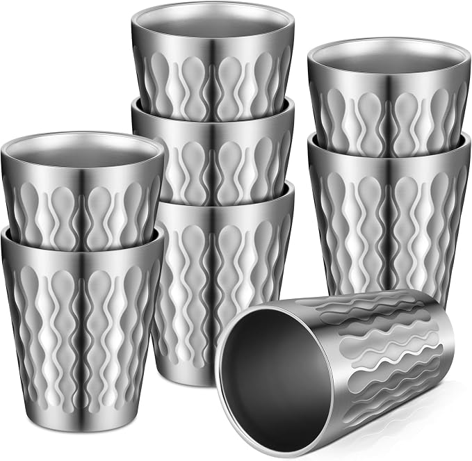 Mimorou 8 Pack 8.8oz Stainless Steel Cups Pint Cup Metal Double Layer Insulated Drinking Beer Water Tumbler Camping Reusable Stackable for Office Party Hot Cold Drink(Wave Pattern)