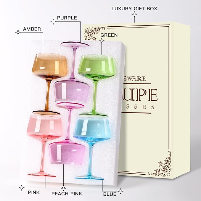 comfit Colored Martini Glasses Set of 6, 13 oz large Coupe Glass, Premium Crystal Cocktail Glasses, Martini Glasses,Champagne Glasses, Handblown Drinkware Set-Wedding,Birthday Gifts