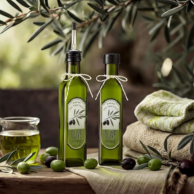 Honeydak 12 Sets 8 oz Glass Olive Oil Bottles Mini Empty Sauce Condiment Bottles with Pourers Sticker Glass Olive Oil Dispenser Vinegar Dispenser for Storing Wedding Baby Shower Gifts