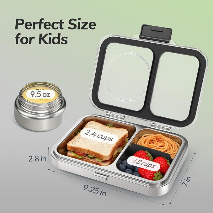 HOMEKOL Stainless Steel Bento Lunch Box + 9.5oz Insulated Food Jar, Black | 2-Compartment Leak-Proof Container for Kids & Adults, BPA/BPS-Free, 18/8 Metal, Dishwasher Safe, Clear Tritan Lid