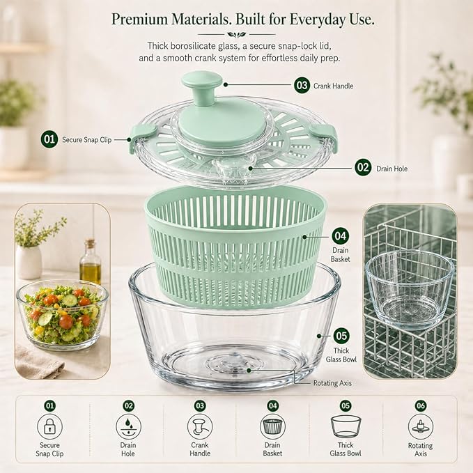 Large 5.2 Qt Glass Salad Spinner Vegetable Dryer with Drain Microwave Safe Dishwasher Safe with Transparent Lid Crank Handle Quick Spin Greens Washer for Lettuce Herbs Fruits