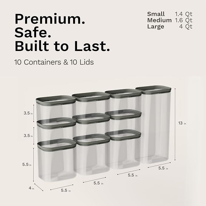Naked Kitchen 20-Piece Food Storage Containers with Lids – Stackable BPA-Free Borosilicate Glass Pantry Storage Containers with Leak-Proof Airtight Seal for Kitchen & Pantry Organization – Black