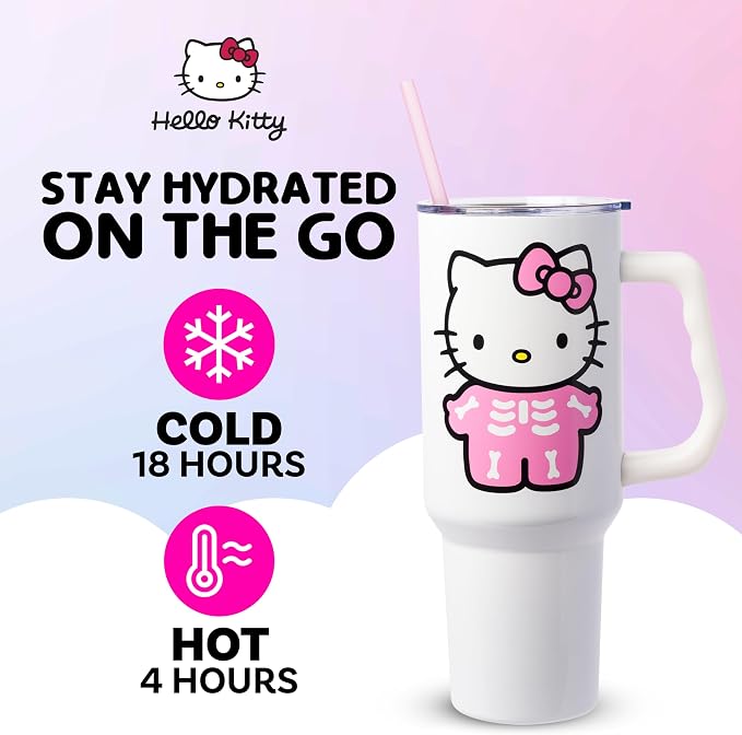 Silver Buffalo Sanrio Hello Kitty Halloween Spooky Skeleton Costume Double Walled Stainless Steel Tumbler with Handle and Straw, Fits in Standard Cup Holder, 40 Ounces
