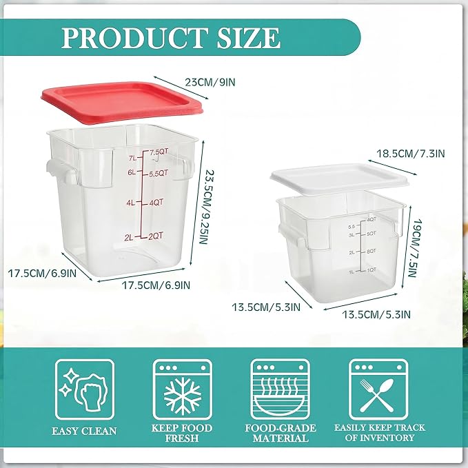 Lallisa 4 Pcs 8qt & 4qt Clear Food Storage Containers with Lids Handles and Scales, Stackable Plastic Square Food Storage Containers for Dough Proofing Baking Kitchen Restaurant(White, Red)