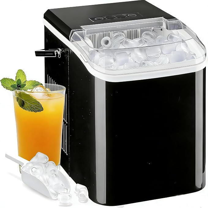 Simple Deluxe Portable Countertop Ice Maker Machine, Makes 9 Bullet Ice Cubes in 6 Minutes, 26.5Lbs Daily Output, Self-Cleaning with Scoop, Basket & Handle for Office, Party & Kitchen, Black