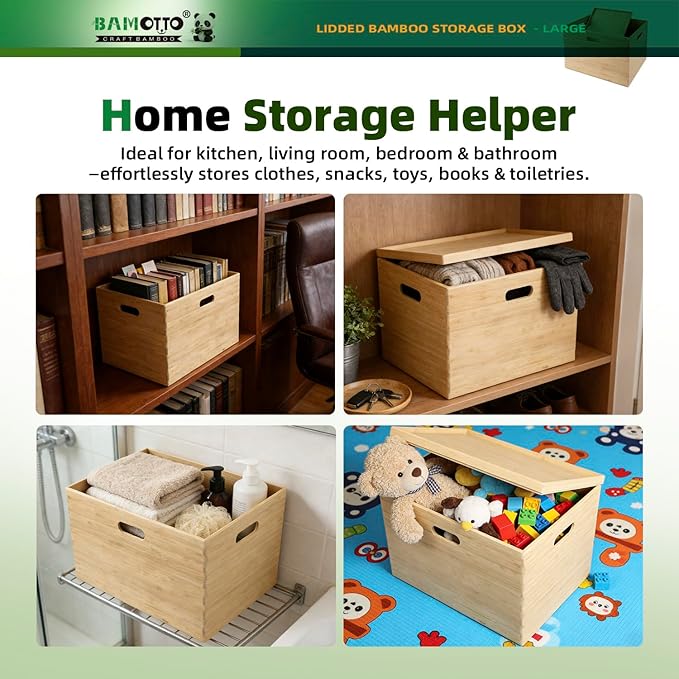 BAMOTTO CRAFTBAMBOO Large 14.6”x10.2”x9.6” Lidded Bamboo Storage Bins - Stackable with Handles, Box/Cube/Basket for Home Kitchen Office, Organize Tableware Toys Crafts Books