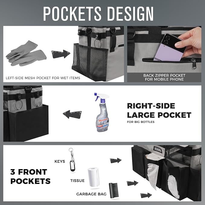 SCAVATA Wearable Cleaning Caddy Bag, Cleaning Caddy Supplies Organizer with Handle & Shoulder Straps for Housekeepers, Under Sink & Car Cleaning Tool Organizers with 4 Foldable Divider (Grey)