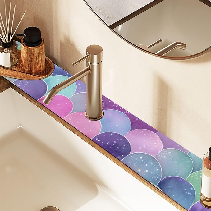 Kitchen Sink Splash Guard 2 PCS 30 Inch Sink Faucet Mat Splash Guard for Bathroom Countertop Water Absorbent Foldable Cuttable Soft Washable Watercolor Mermaid Scales Colors