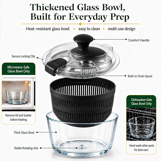 Good Girps 3.2 Qt Glass Salad Spinner Small Vegetable Dryer with Drain Microwave Safe Dishwasher Safe with Transparent Lid Crank Handle Quick Spin Greens Washer for Lettuce Herbs Fruits