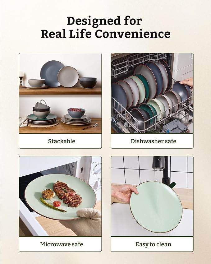Famiware Venus Plates and Bowls Sets with Trim, 24 Pieces Speckled Stoneware Dinnerware Set for 8, Light Green - Microwave & Dishwasher Safe, Modern Minimalist, Dishes for Everyday & Formal Use